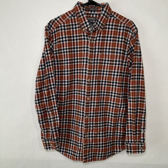 Eddie Bauer Slim Fit Flannel Shirt Men Size Medium Orange Blue Plaid Button Down - Picture 1 of 12